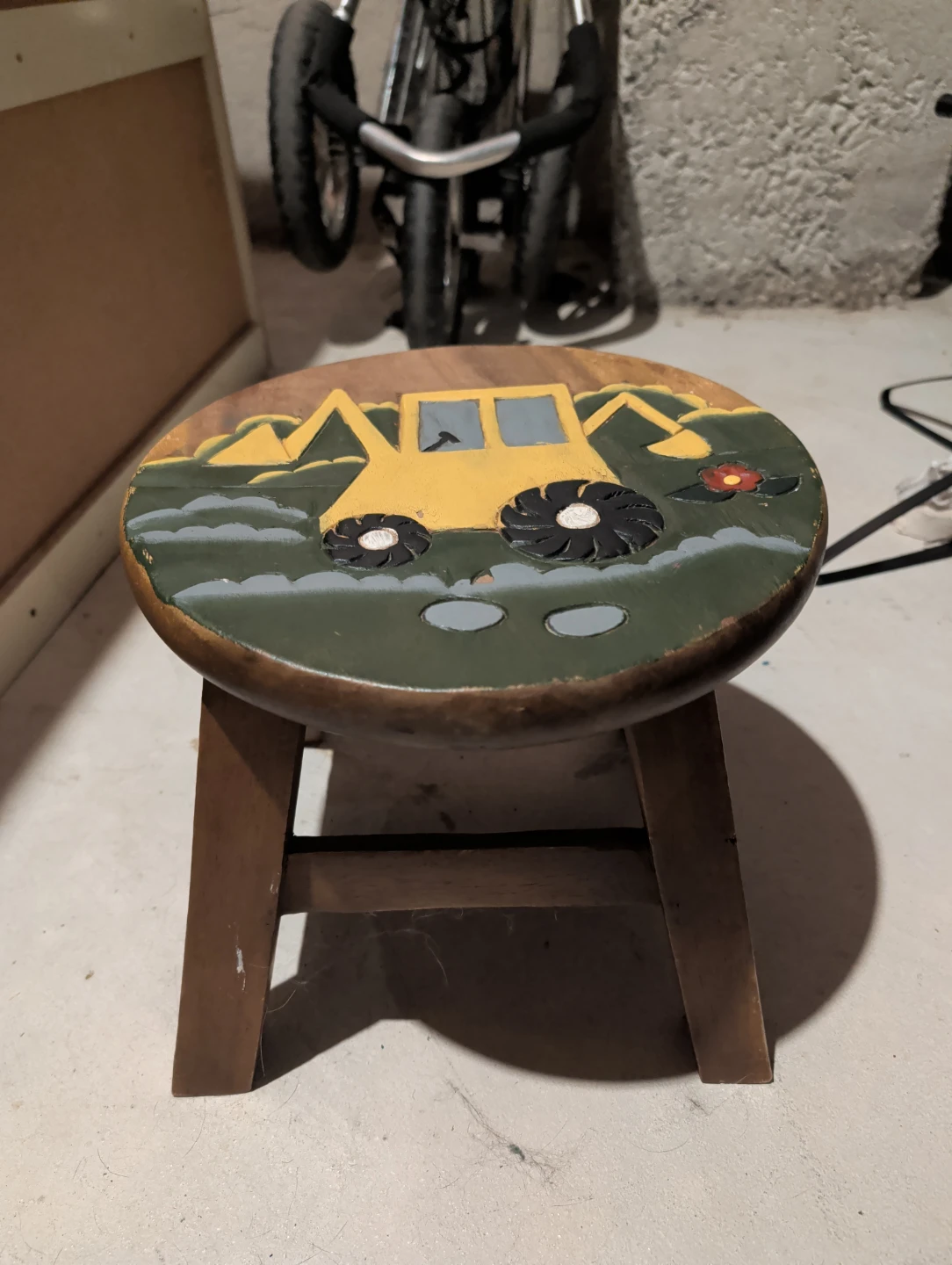 Wooden Stool with Excavator Design