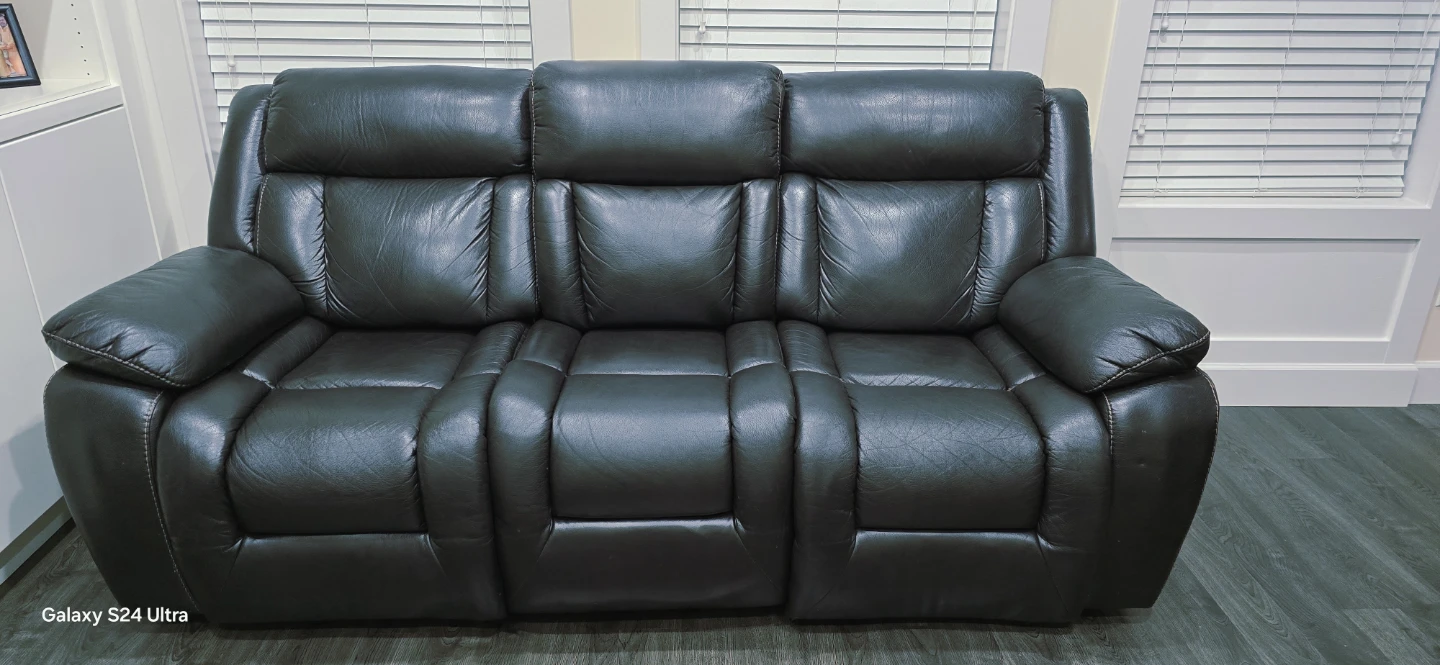 Black Leather Reclining Sofa with Cup Holders