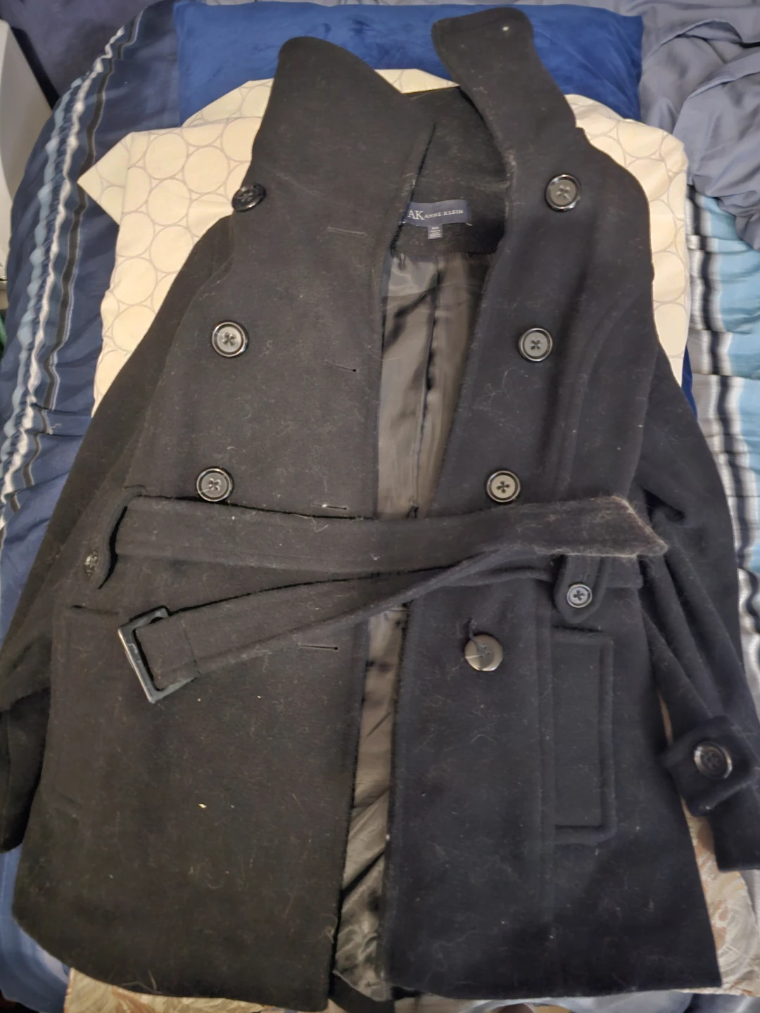 Anne Klein Black Wool Blend Double-Breasted Coat