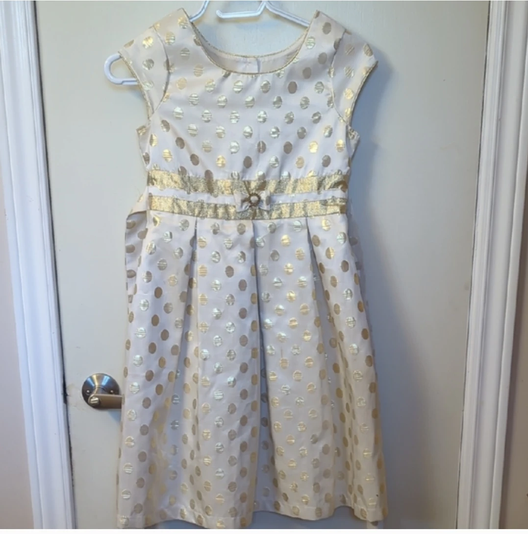 Jona Michelle Girls White/Gold Polka Dot Dress Size 10