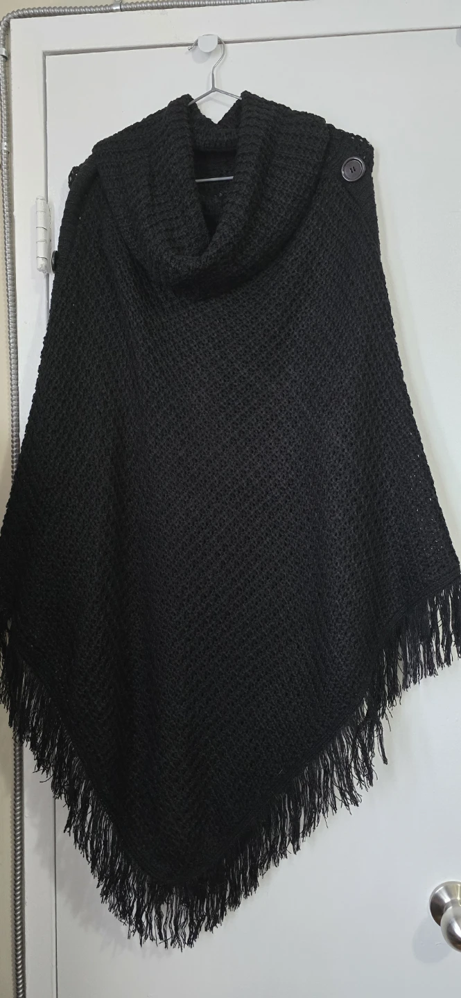Black Knit Poncho with Fringe