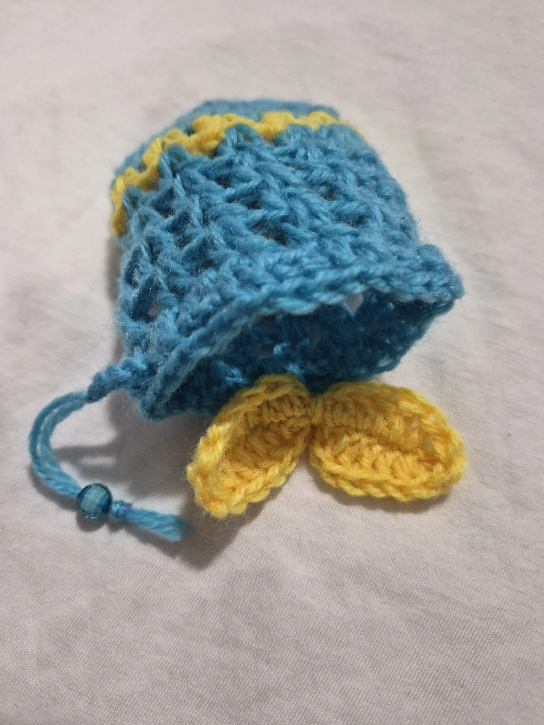 Hand-Crocheted Blue and Yellow Drawstring Pouch - photo 5