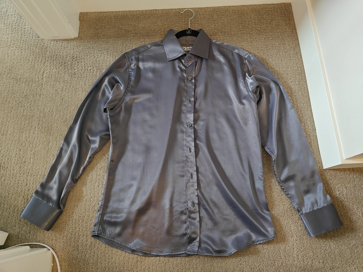 Men's Grey Satin Button-Up Dress Shirt - Regular Fit - Medium