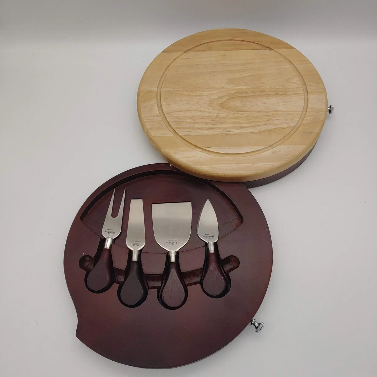 Wooden Round Cheese Board and 4 Knives Set with Slide-Out Cutler