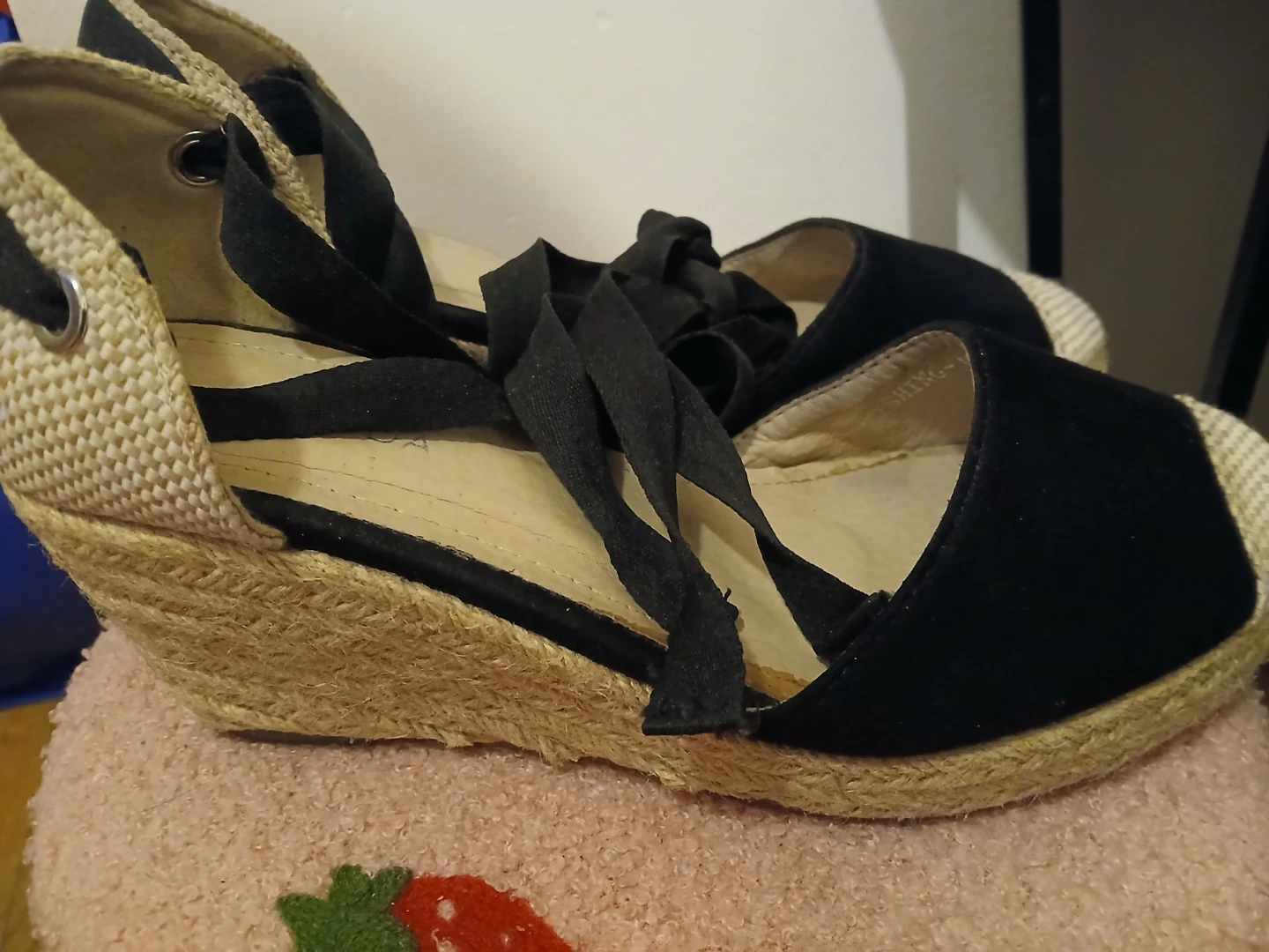 Black Espadrille Wedge Sandals with Ribbon Ties🥕