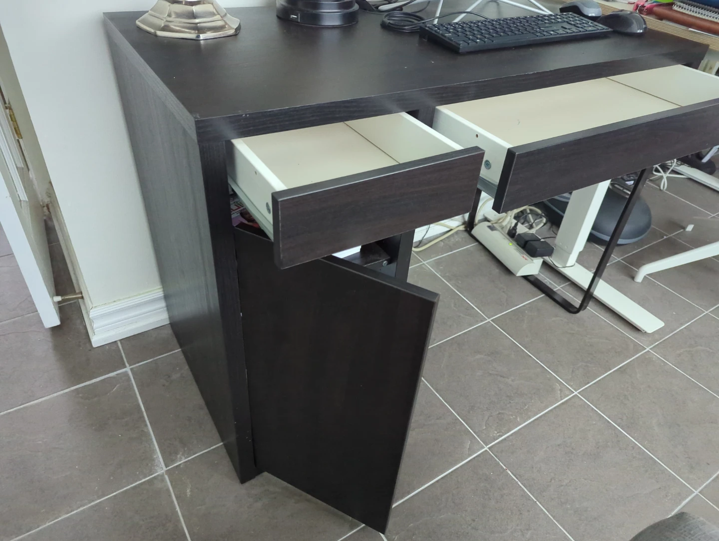 Dark Wood Desk with Drawers and Cabinet