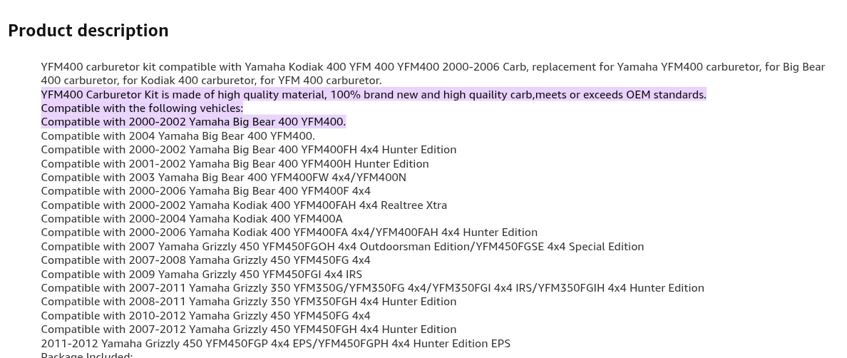 YFM400 Carburetor Kit for Yamaha Kodiak 400 Big Bear - photo 4