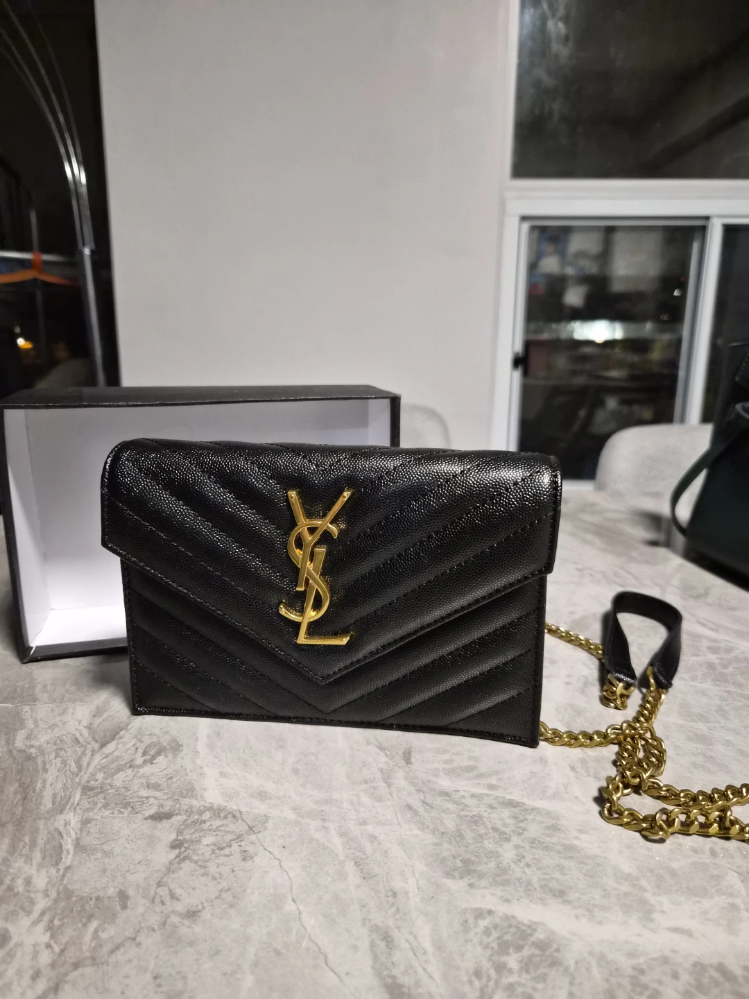 Black Chevron Leather Wallet with Chain