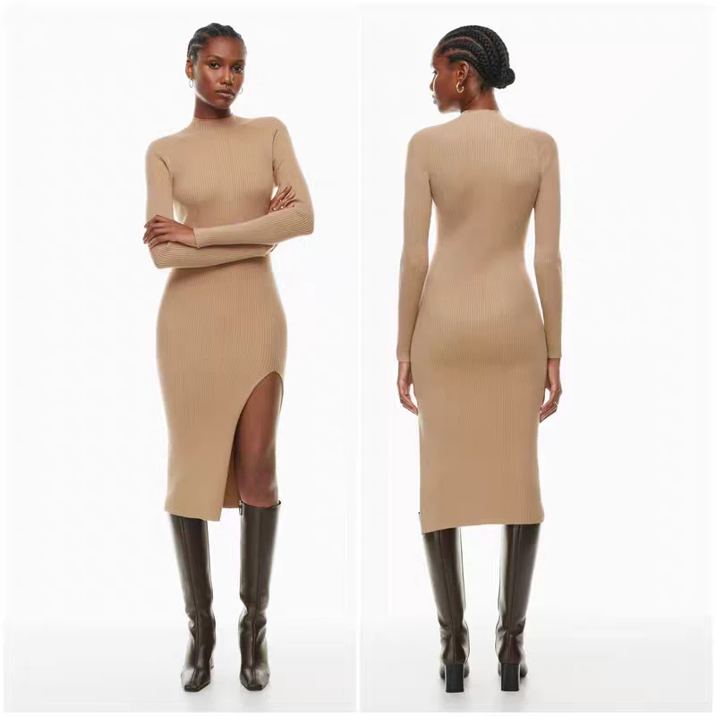 Aritzia Beige Ribbed Mock Neck Midi Dress with Slit