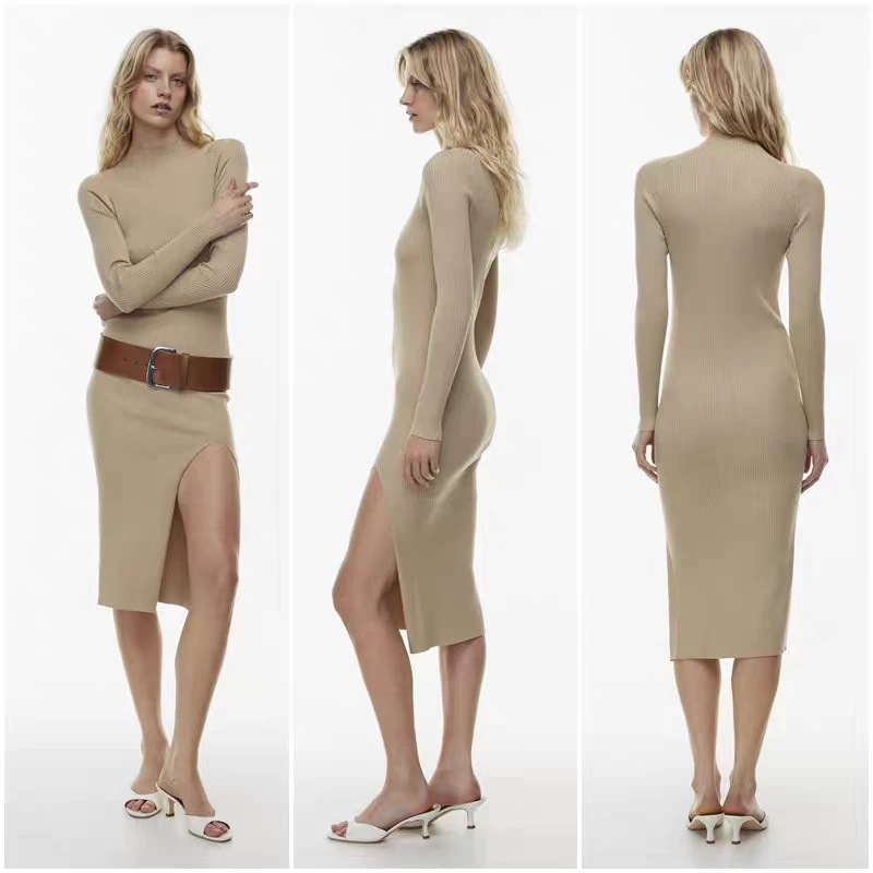 Aritzia Beige Ribbed Mock Neck Midi Dress with Slit - photo 2