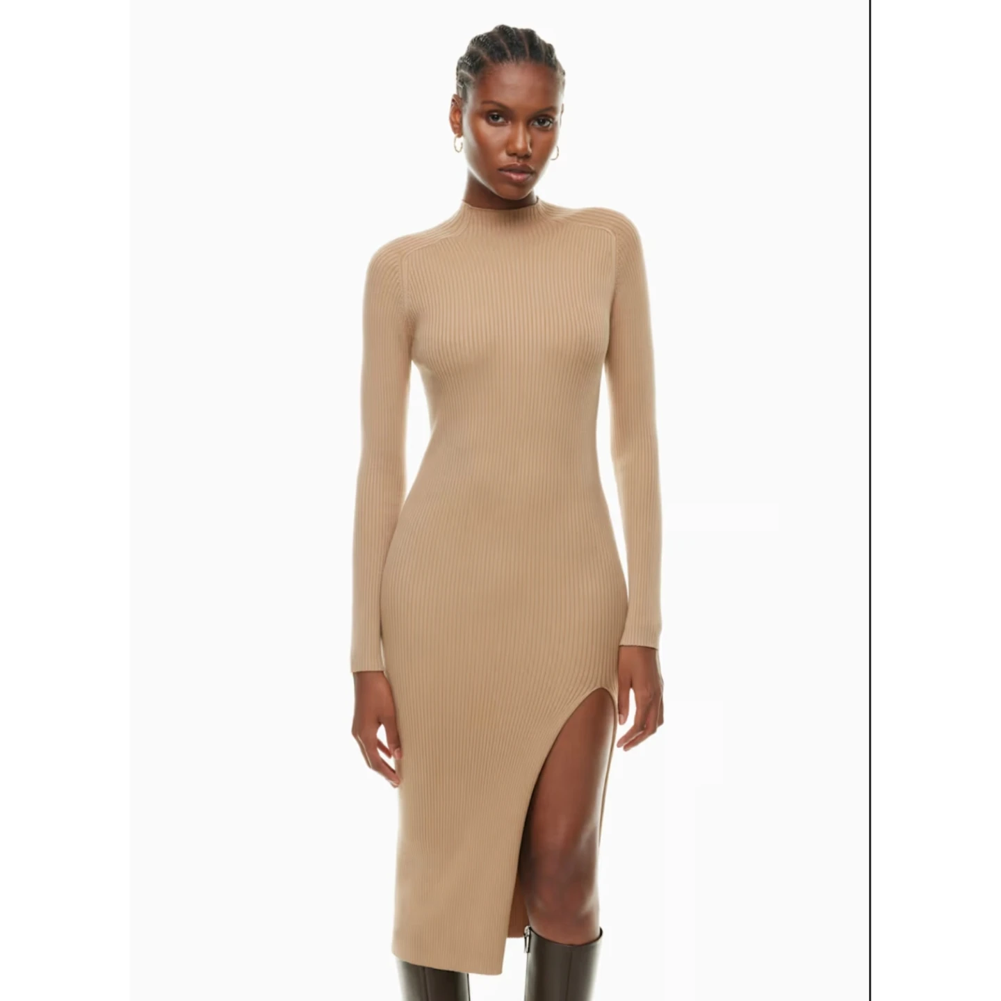 Aritzia Beige Ribbed Mock Neck Midi Dress with Slit - photo 3