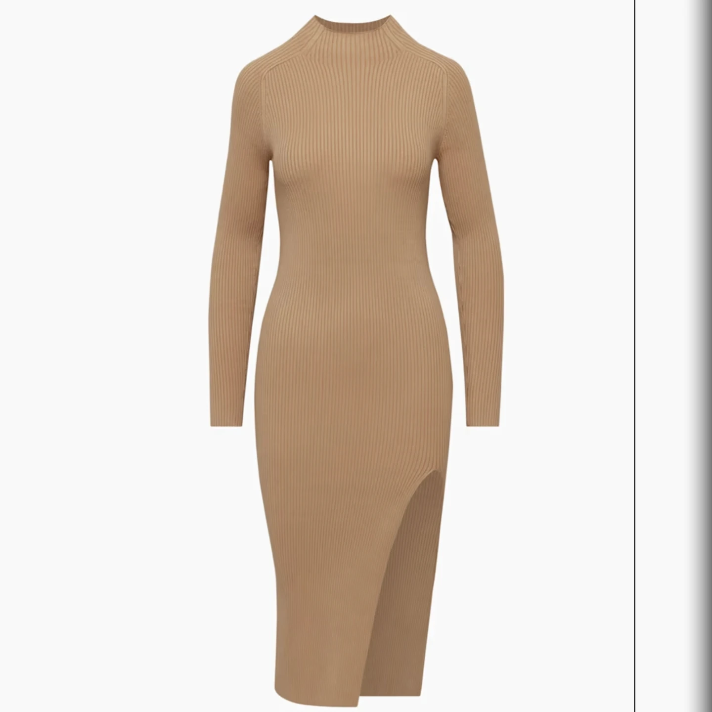 Aritzia Beige Ribbed Mock Neck Midi Dress with Slit - photo 4