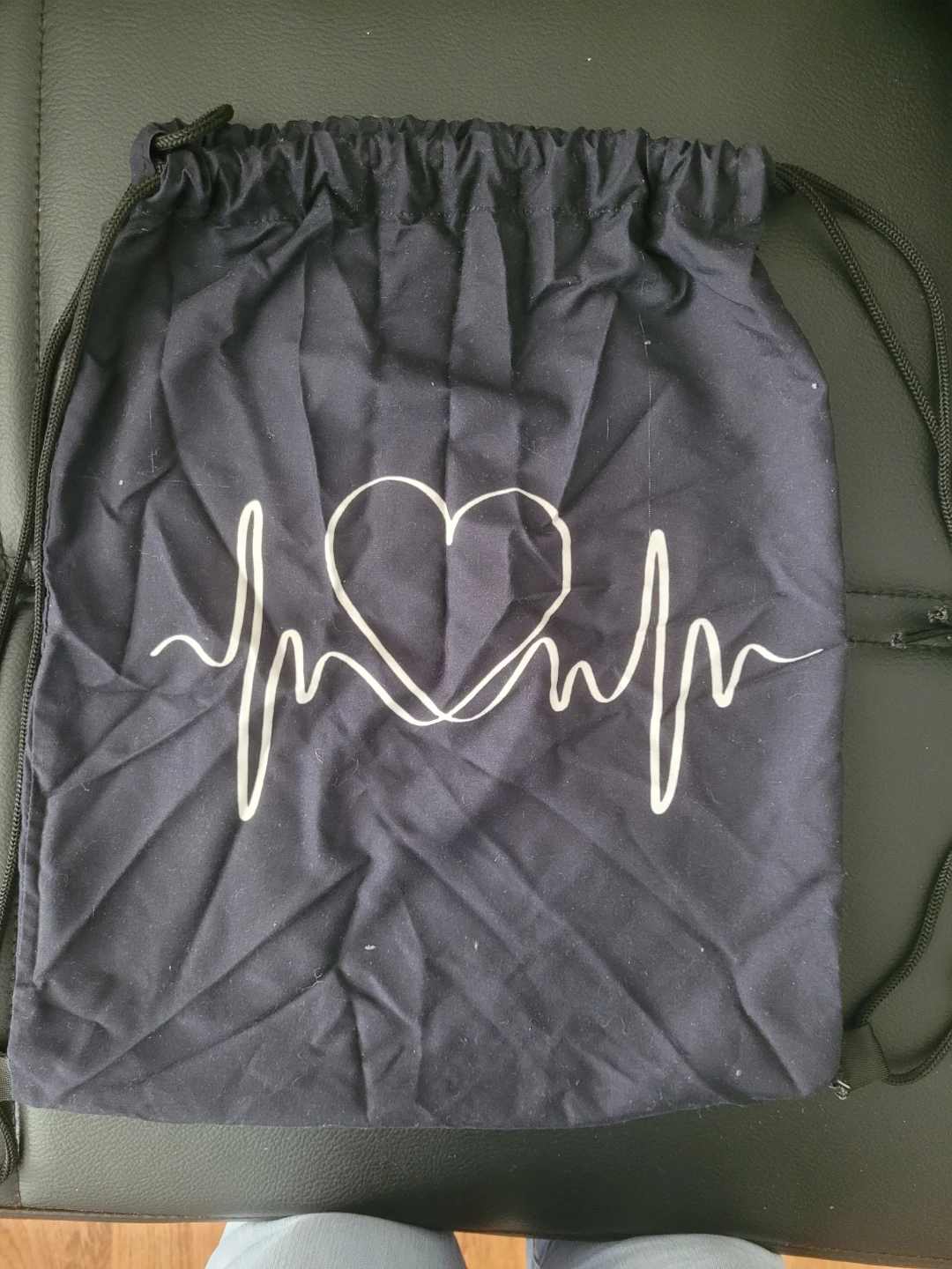 Black Drawstring Bag with Heartbeat Heart Design