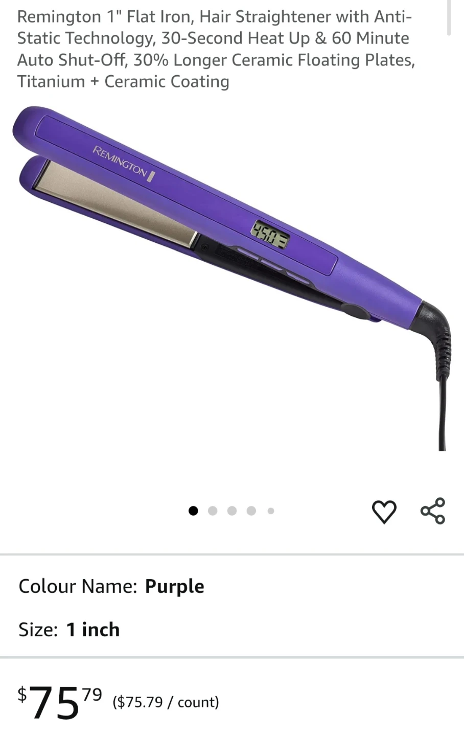 Remington 1" Purple Flat Iron Hair Straightener