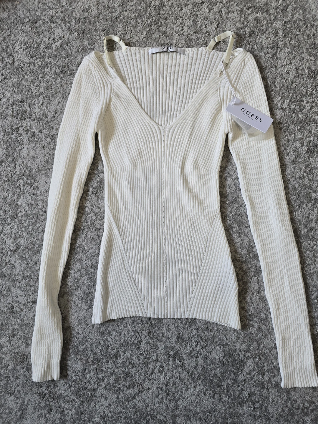 Guess White Ribbed Long Sleeve Top