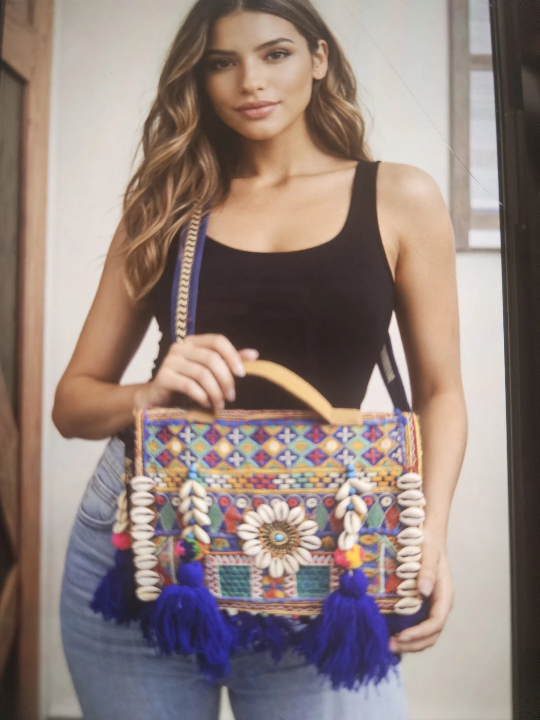 Embroidered Boho Shoulder Bag with Tassels and Shells