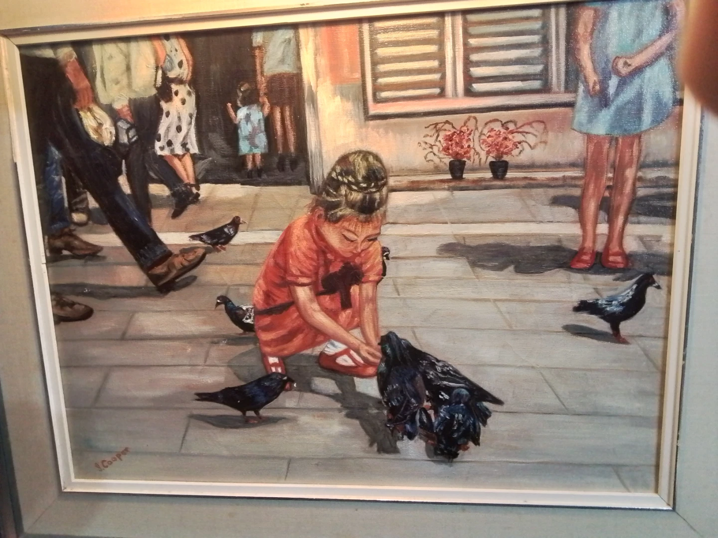 Vintage " Feeding the Pigeons" Canadian artist Cooper  OOC - photo 2