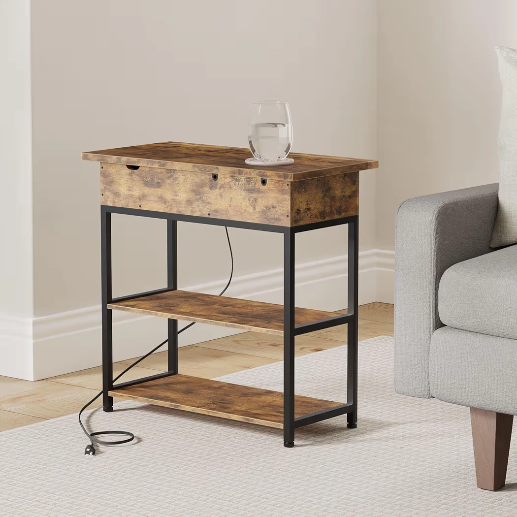 Rustic Brown Flip Top Side Table with Power outlets & USB Ports