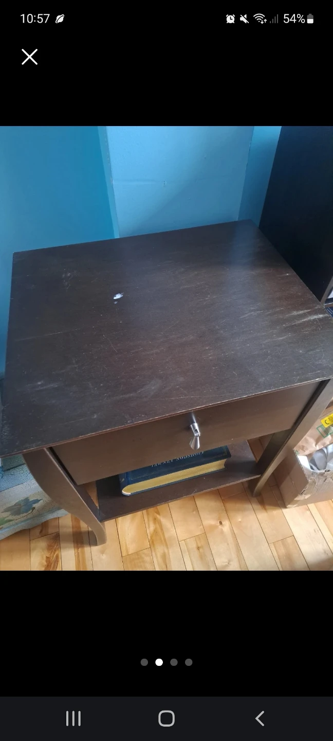 Dark brown end table with drawer and shelf