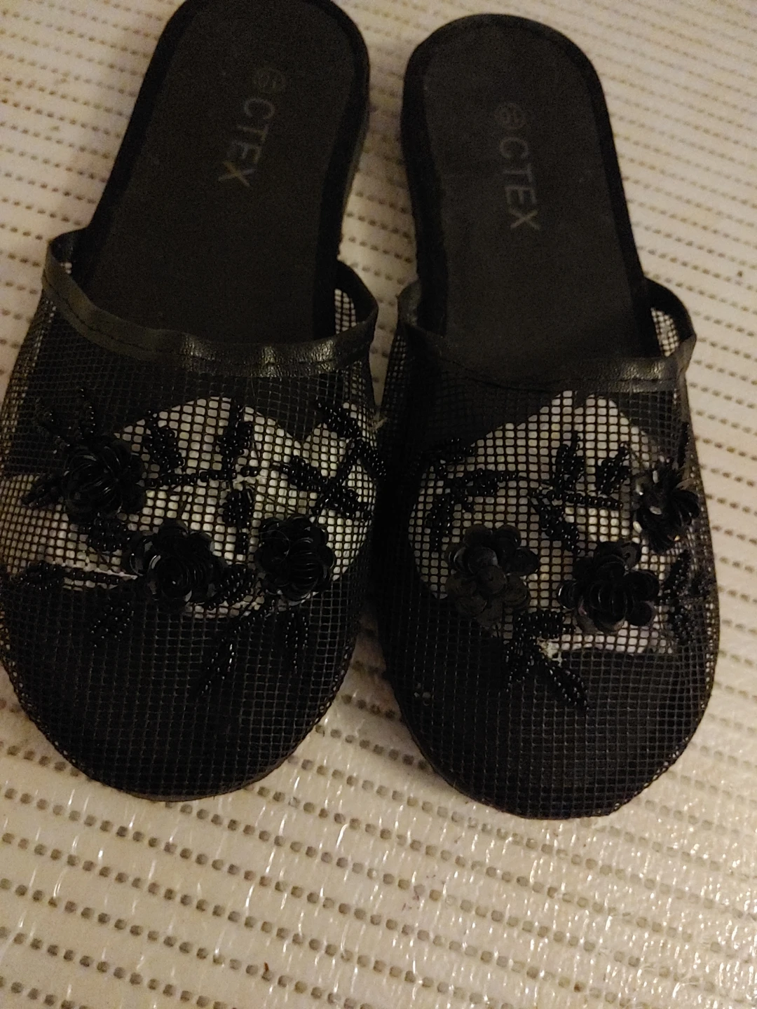 CTEX Black Mesh Slides with Floral Embellishments Size 10