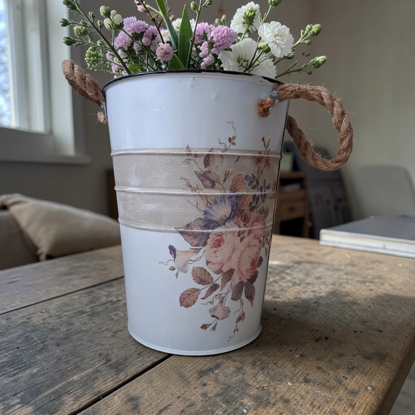 Decorative Tin Pail with Rope Handles