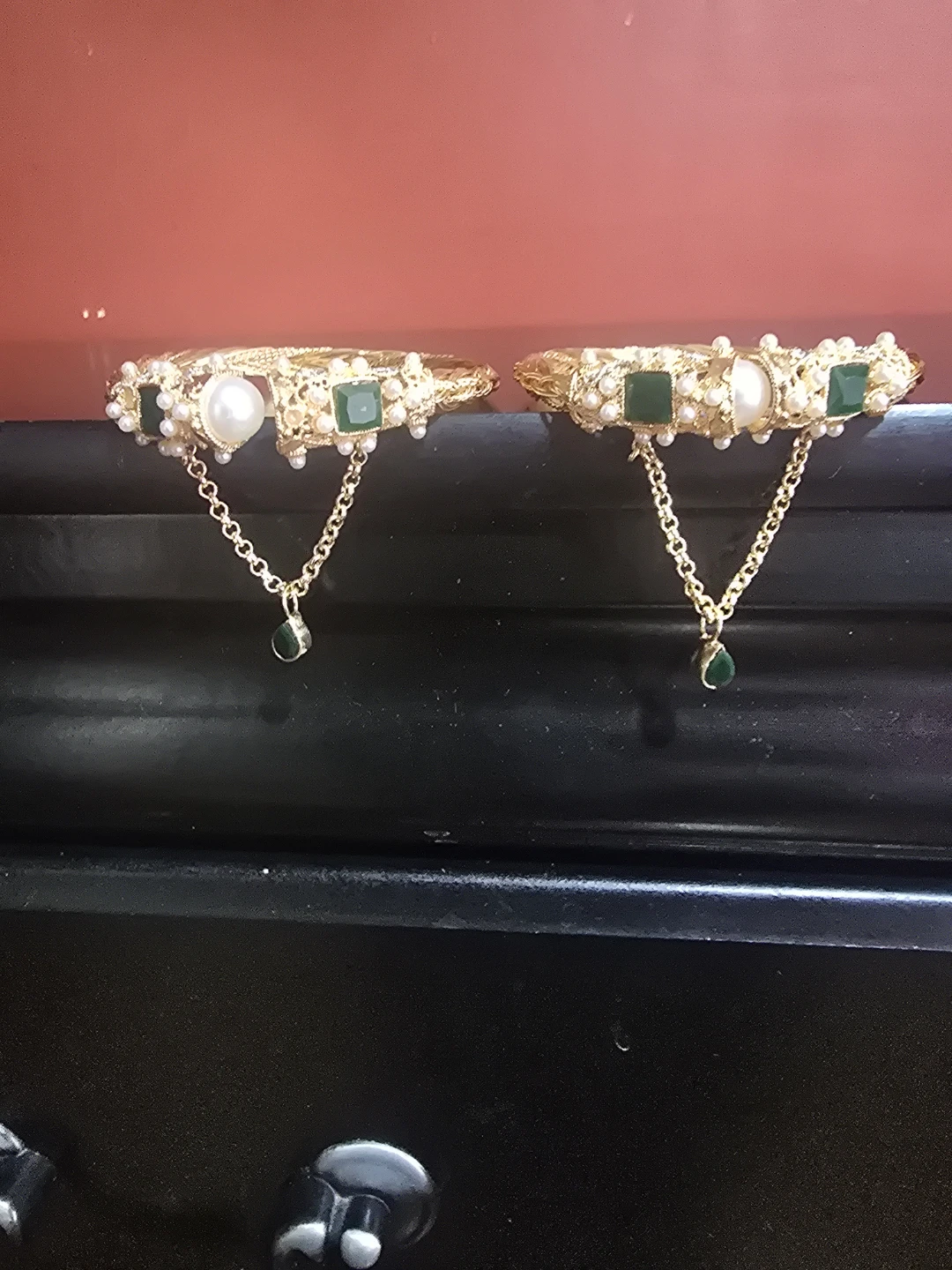 Gold Tone Bracelets with Pearls and Green Stones - Set of 2