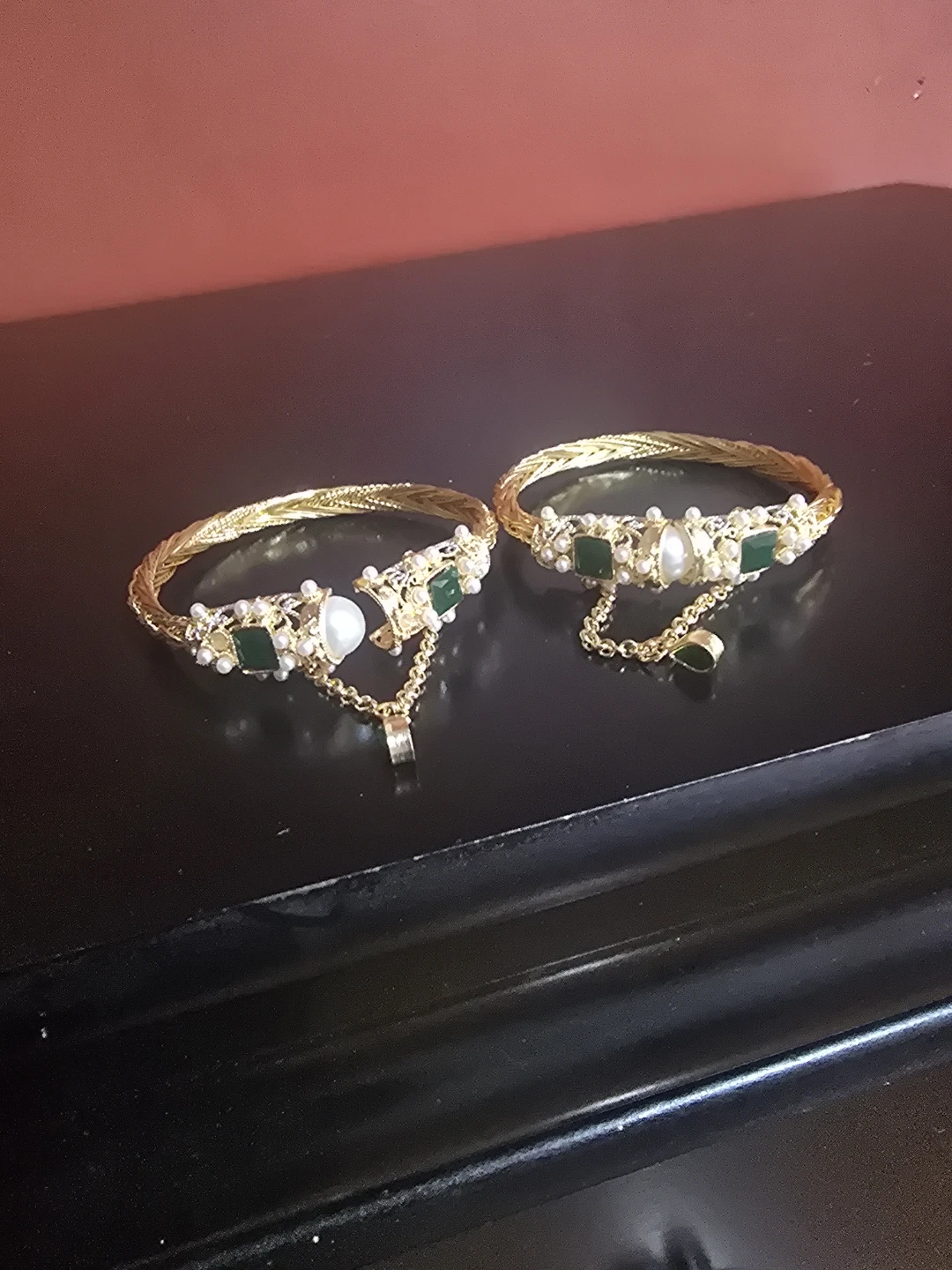 Gold Tone Bracelets with Pearls and Green Stones - Set of 2 - photo 2