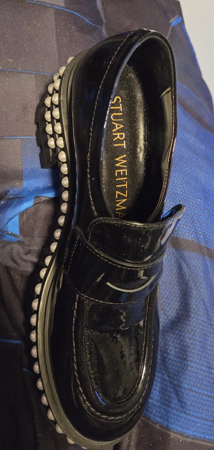 Stuart Weitzman Black Patent Pearl Detail Loafers