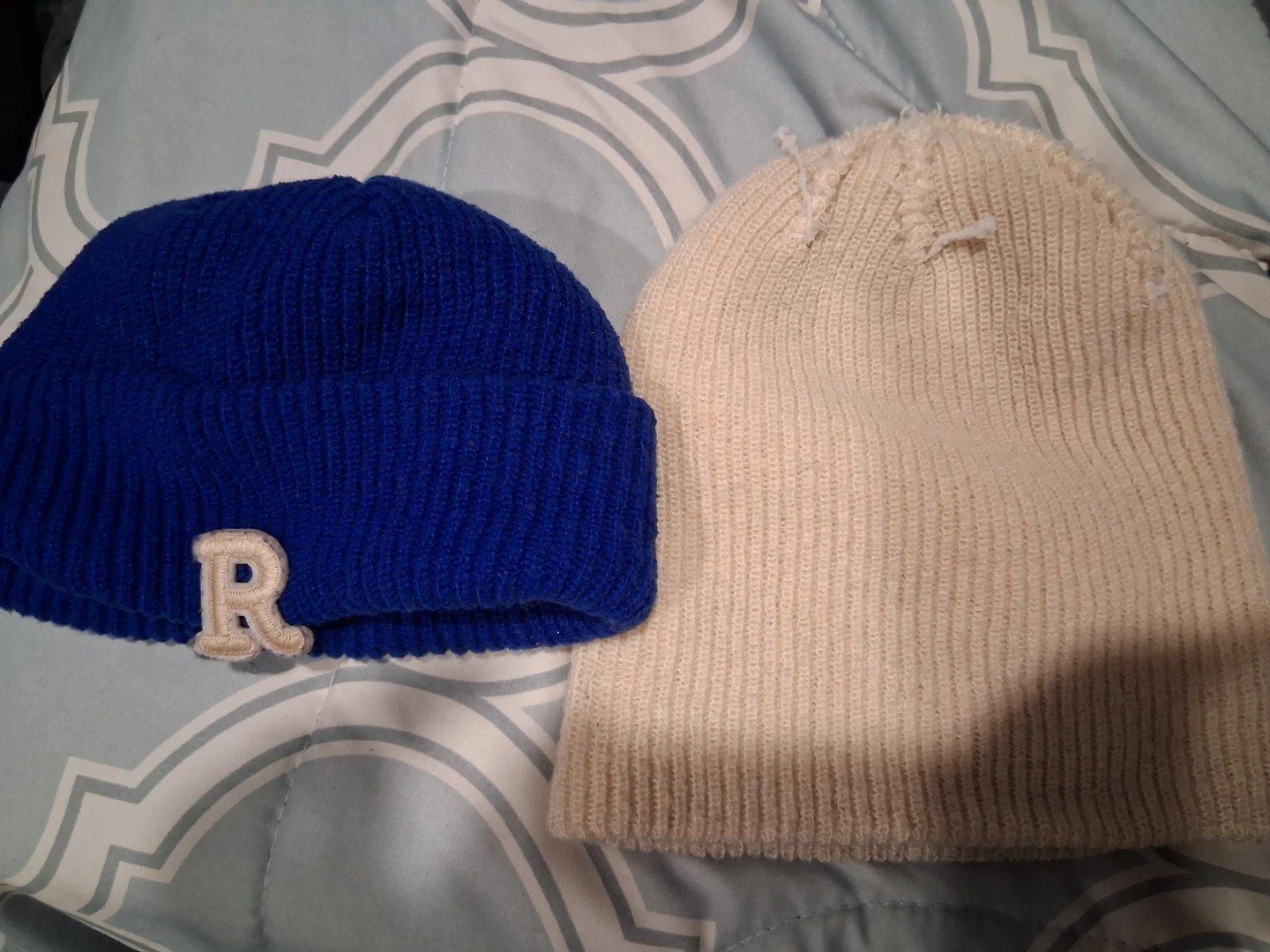 Lot of 2 Beanies - Royal Blue with R, Cream