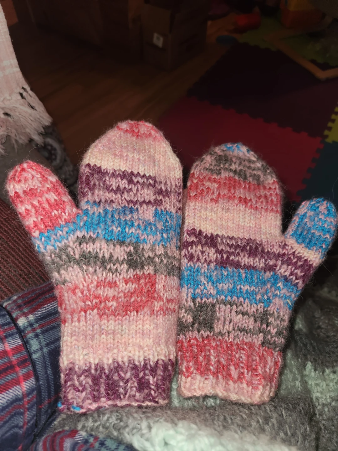 Hand-knitted Striped Mittens - Pink, Blue, Purple