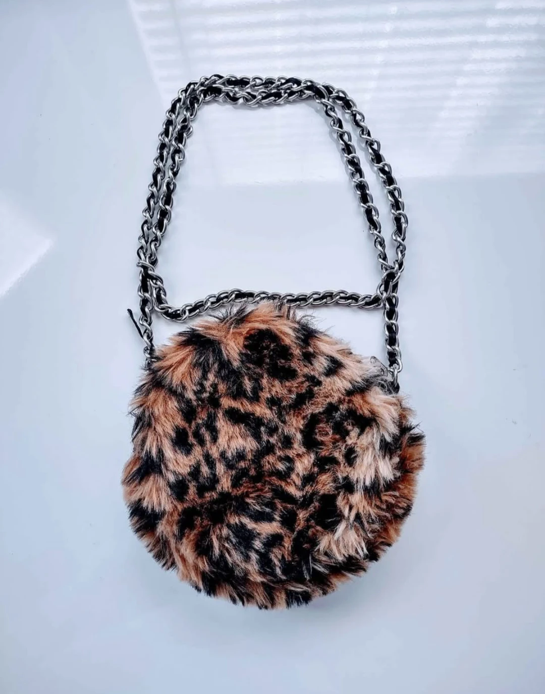 Faux Fur Leopard Print Round Crossbody Bag