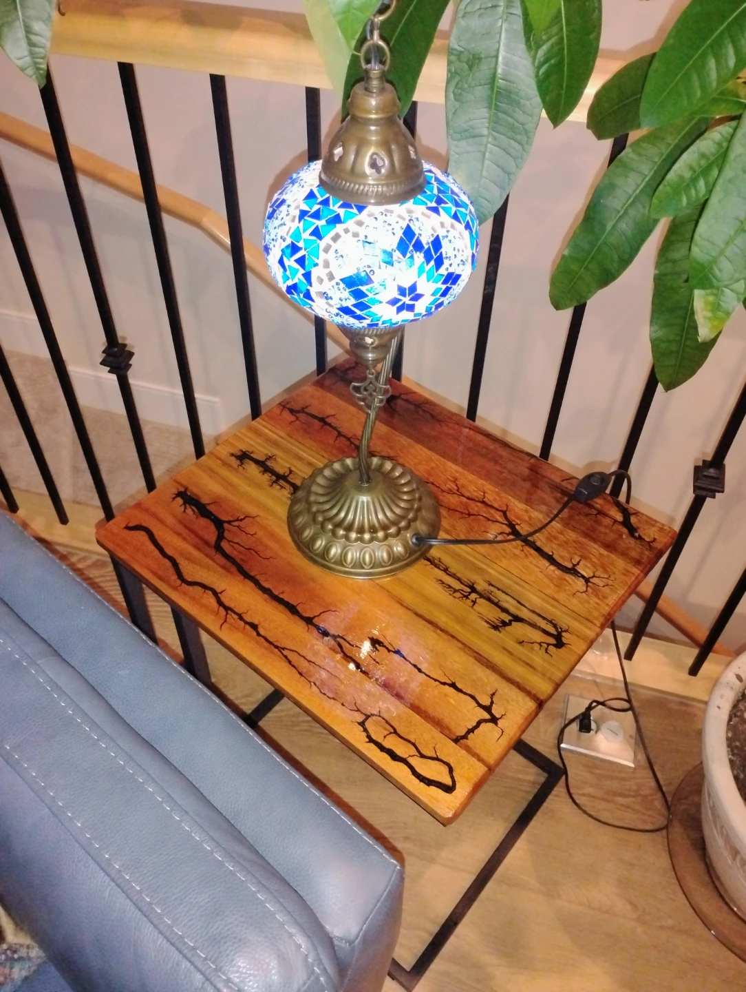 Handmade Fractal Burn Wood End Table with Epoxy Finish