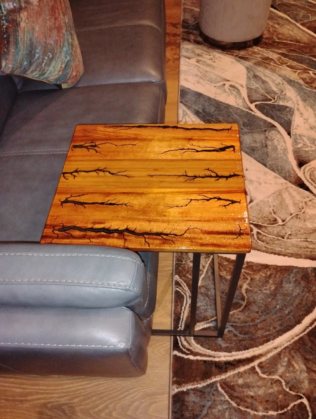 Handmade Fractal Burn Wood End Table with Epoxy Finish - photo 3