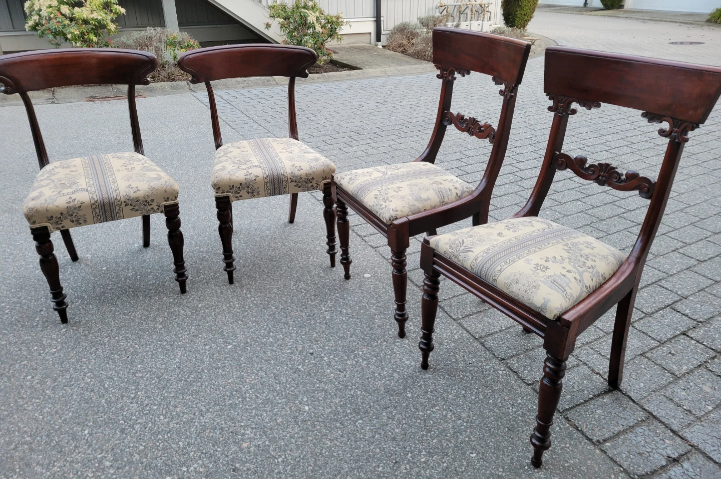 Beautiful Antique Victorian Chairs. Mahogany & Toile Upholstery.