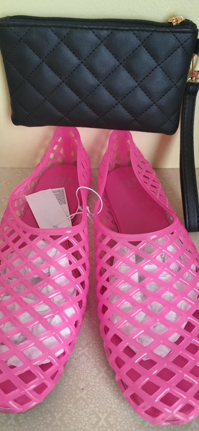 GAP Pink Jelly Shoes (size 10) with Black Quilted Clutch