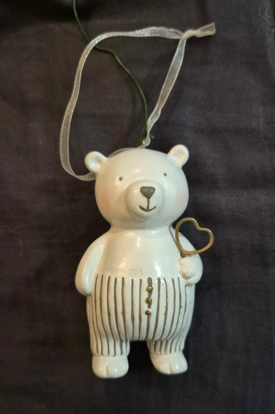 White Teddy Bear Ornament with Heart