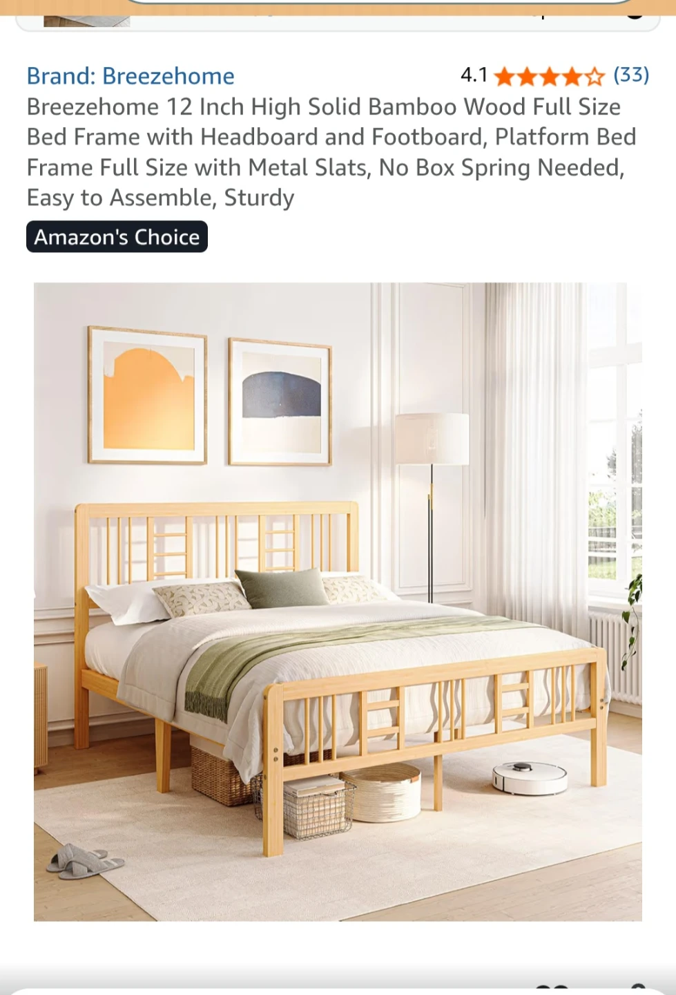 Breezehome 12 Inch High Solid Bamboo Wood Full Size Bed Frame