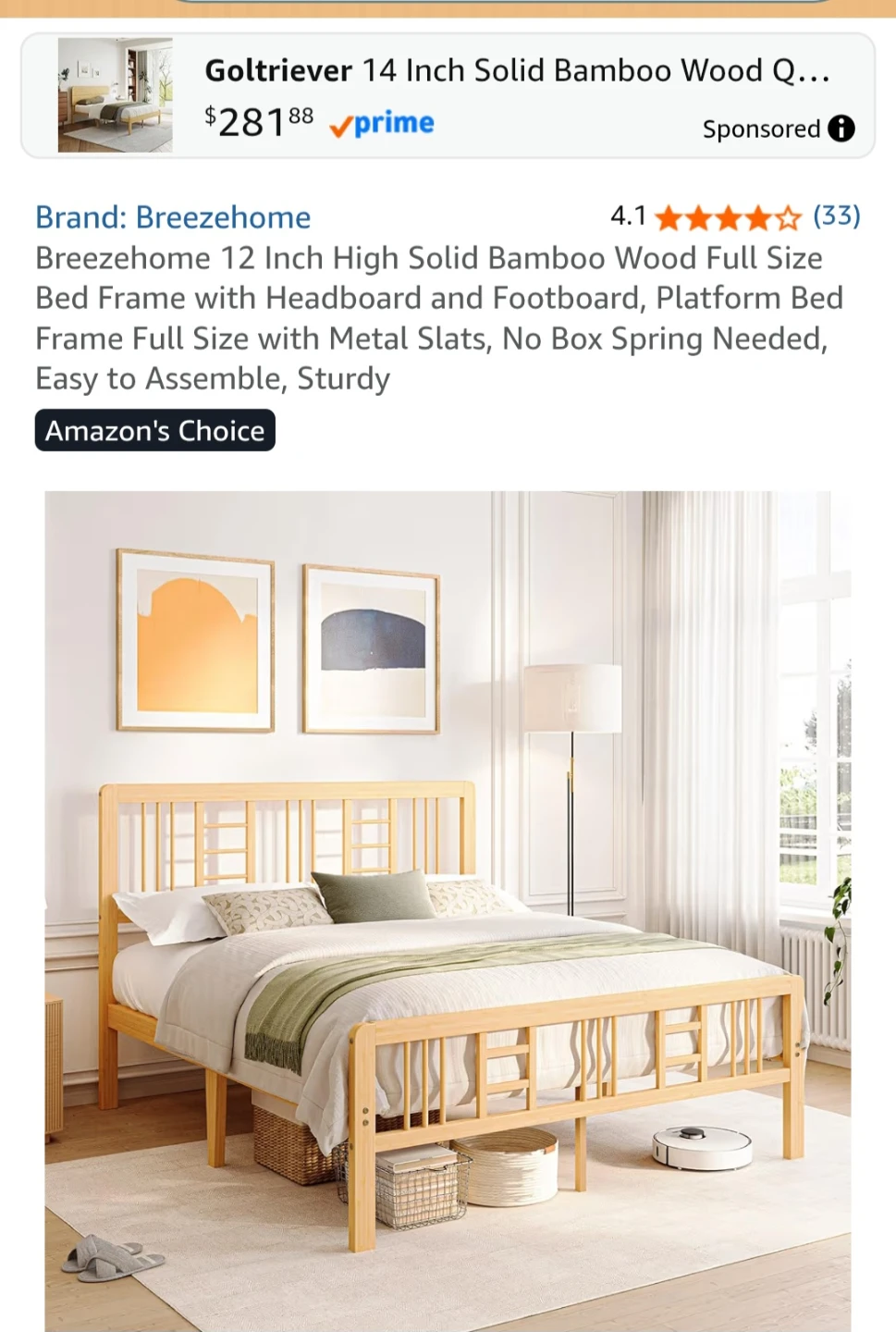 Breezehome 12 Inch High Solid Bamboo Wood Full Size Bed Frame - photo 2