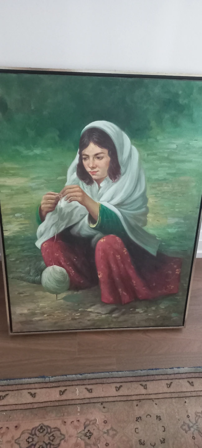 Framed Oil Painting of Woman Knitting