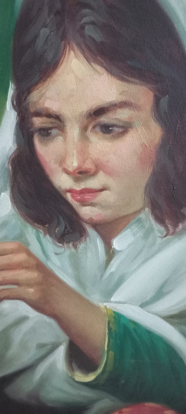 Framed Oil Painting of Woman Knitting - photo 3