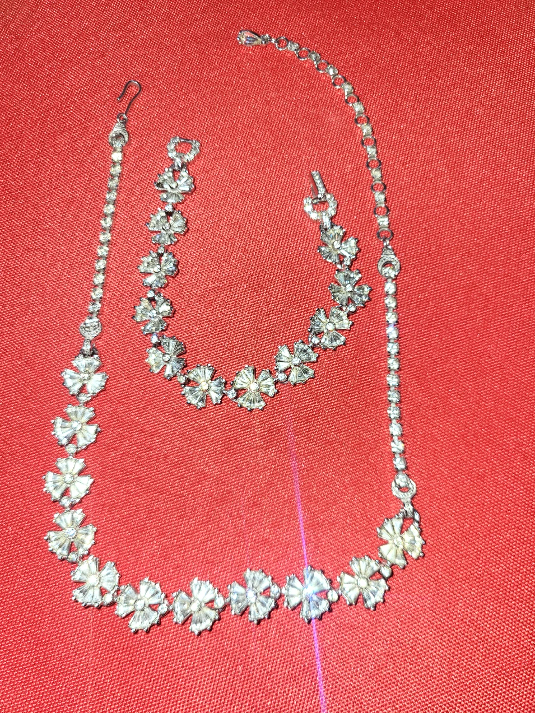 Monet Silver Tone Rhinestone Flower Necklace and Bracelet Set