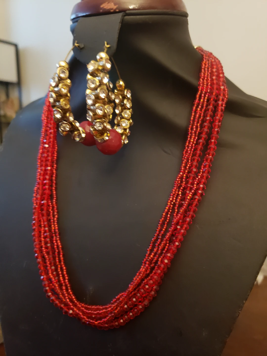 Red Beaded Necklace and Earring Set