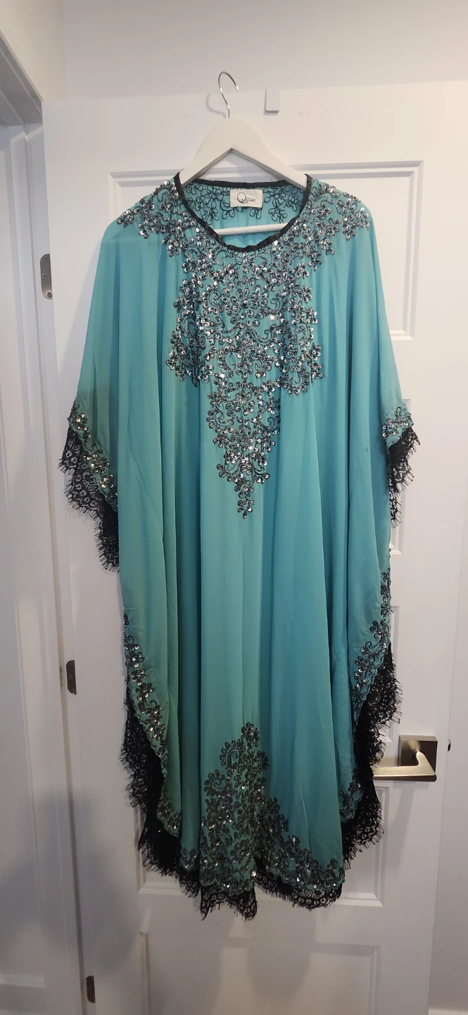 Turquoise Kaftan with Sequin and Lace Embellishment