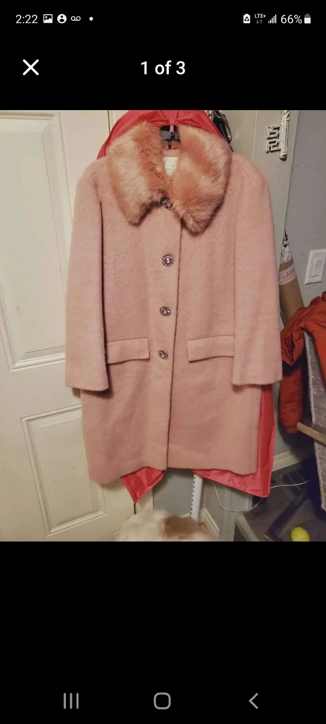Kate Spade Pink Wool Blend Coat with Faux Fur Collar