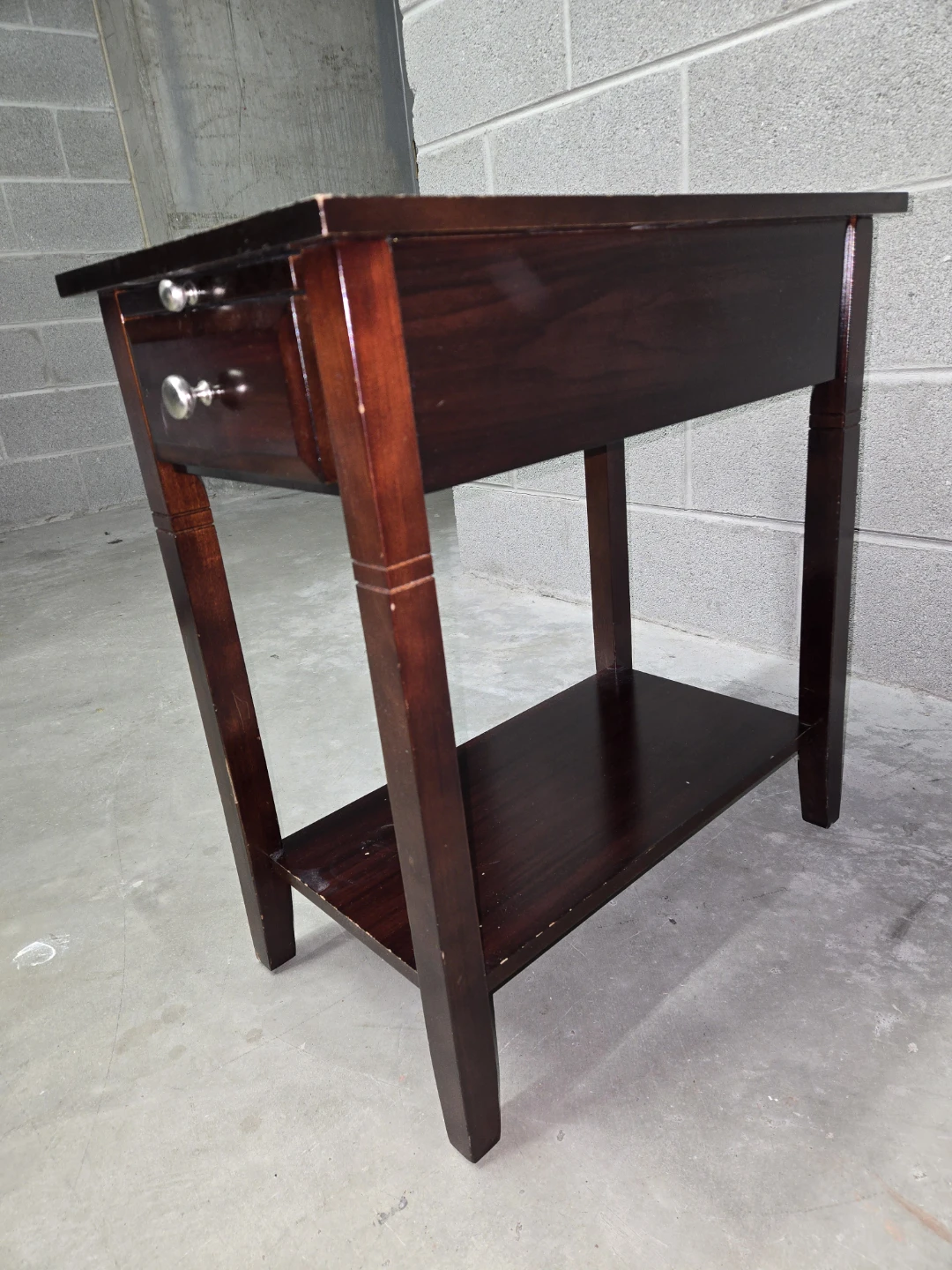 Dark Wood End Table with Drawer and Shelf