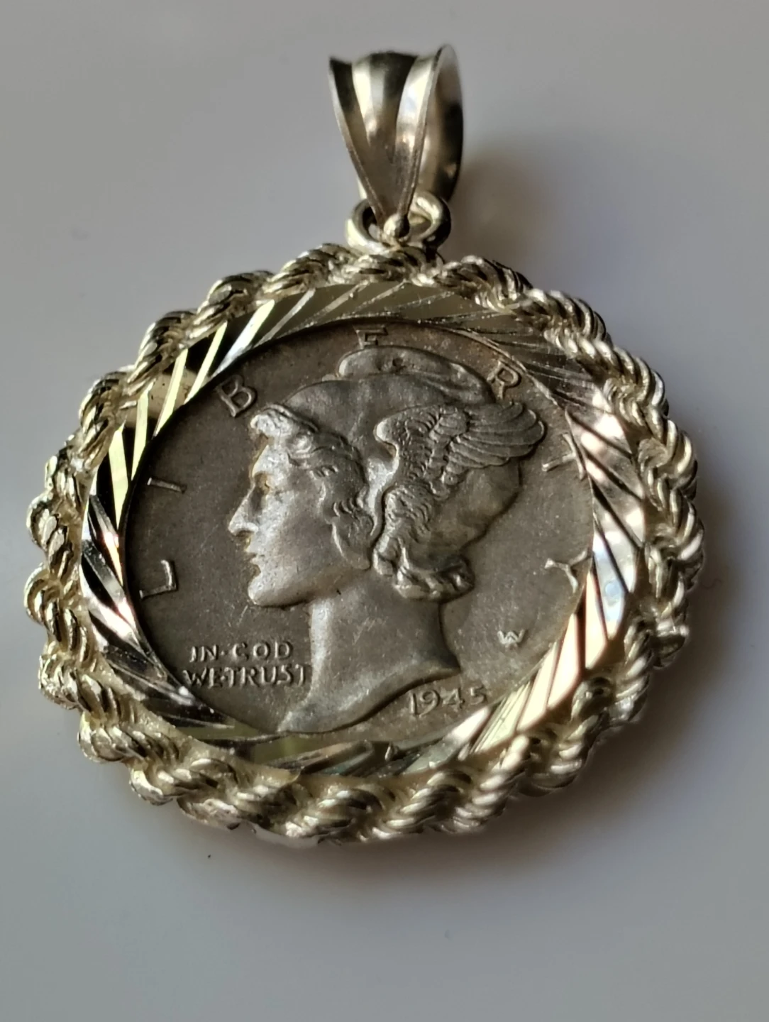 1945 Mercury Dime Pendant with Silver Rope Chain