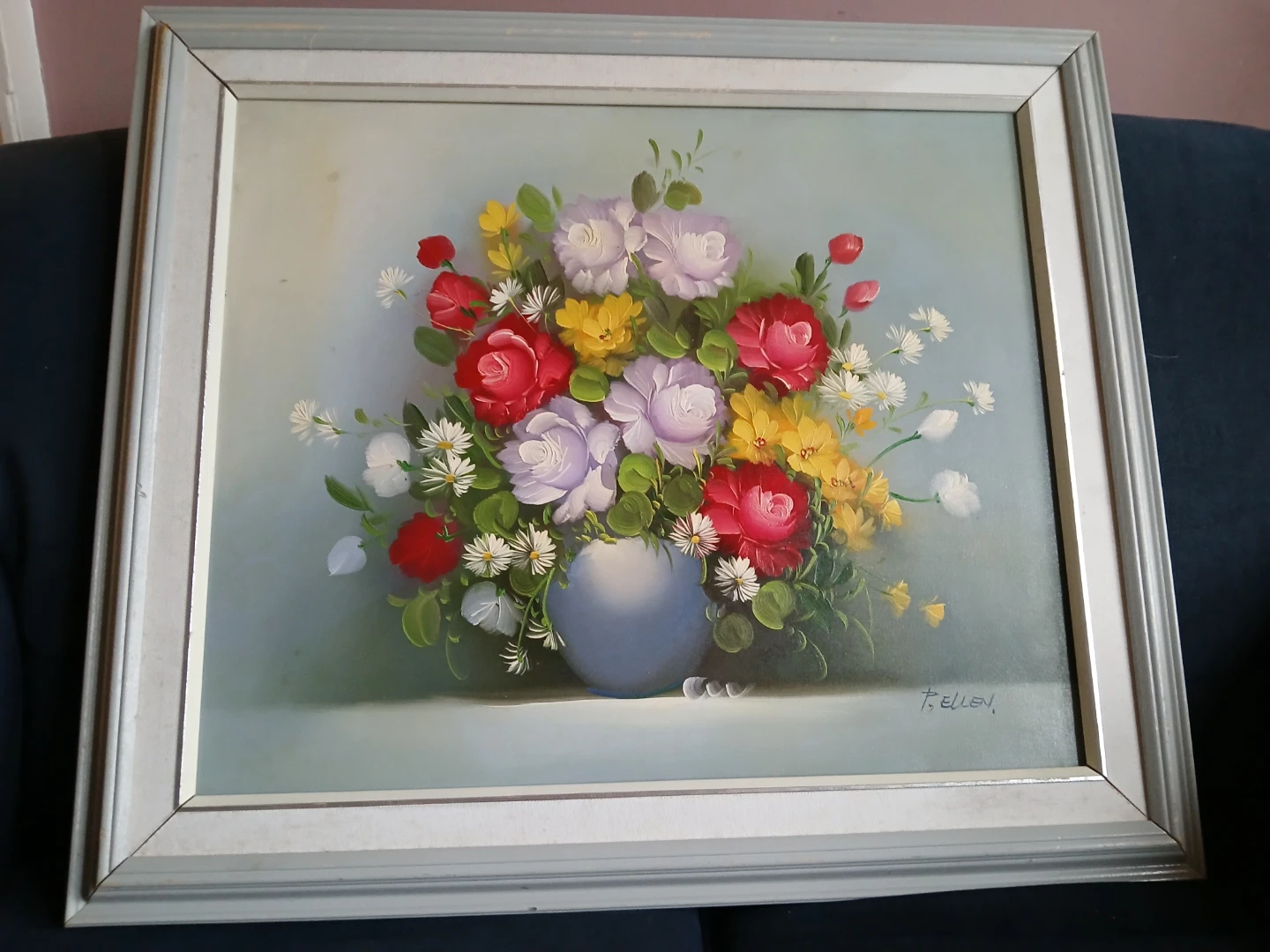 Framed Floral Still Life Painting by T. Ellen