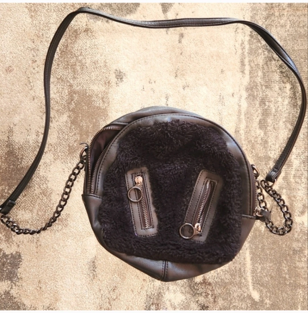Madden Girl Black Faux Fur & Leather Round Crossbody Bag