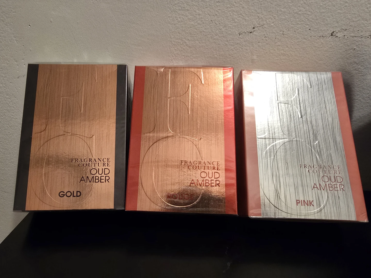 Fragrance Couture Oud Amber Gold, Rouge, and Pink EDP