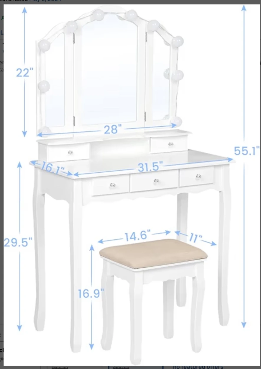 White Vanity Dressing Table with Lighted Mirror and Stool - photo 3